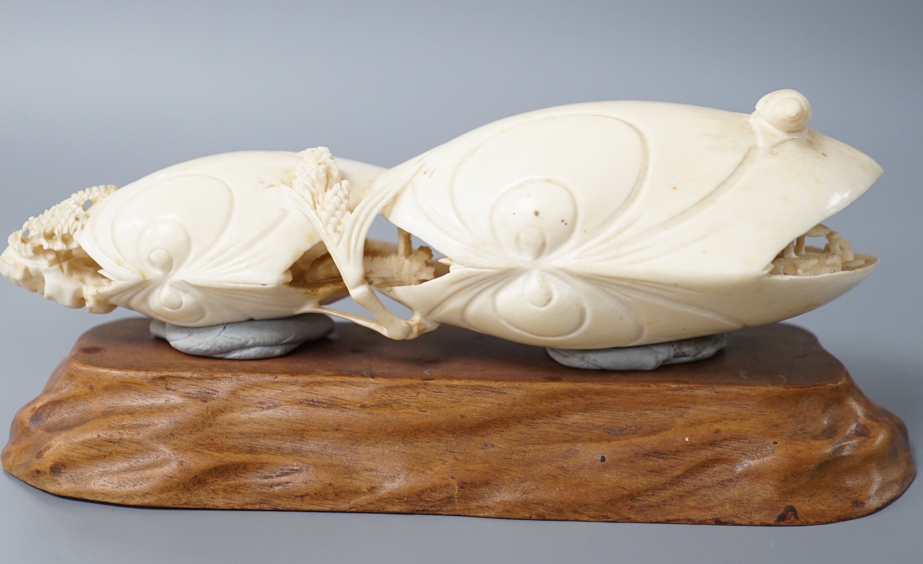 A large Japanese ivory model of the clam’s dream, Meiji period, wood stand. 18cm long